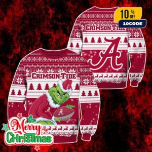 NCAA Alabama Crimson Tide Grinch Ugly Christmas Sweater Red Knit Holiday Pullover for Football Fans Men and Women
