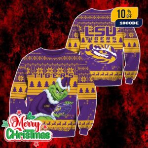 NCAA LSU Tigers Grinch Ugly Christmas Sweater Purple Gold Knit Pullover Holiday Football Fan Gift for Men and Women
