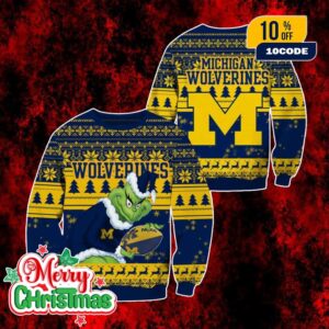 NCAA Michigan Wolverines Grinch Ugly Christmas Sweater Blue Yellow Knit Pullover Holiday Game Day Spirit Fan Gift