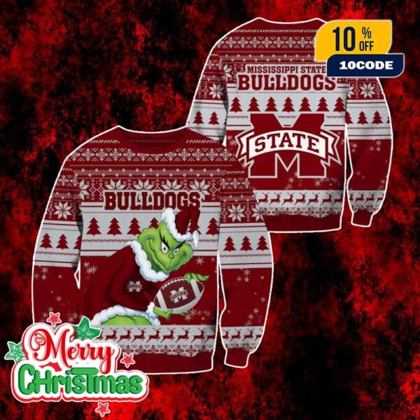 NCAA Mississippi State Bulldogs Grinch Ugly Christmas Sweater Maroon Knit Pullover Holiday Fan Apparel For Men And Women