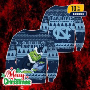 NCAA North Carolina Tar Heels Grinch Ugly Christmas Sweater Light Blue Navy Holiday Knit Pullover For Men And Women