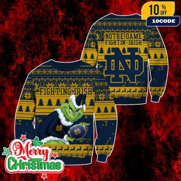 NCAA Notre Dame Fighting Irish Grinch Ugly Christmas Sweater Navy Gold Knitted Holiday Pullover Jumper For Men And Women