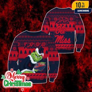 NCAA Ole Miss Rebels Grinch Ugly Christmas Sweater Red Navy Knitted Pullover Holiday Party Jumper For Men And Women