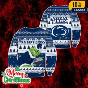 NCAA Penn State Nittany Lions Grinch Ugly Christmas Sweater Blue White Knitted Holiday Pullover Jumper For Men And Women