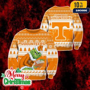 NCAA Tennessee Volunteers Grinch Ugly Christmas Sweater Orange White Knitted Pullover Holiday Party Jumper For Men And Women