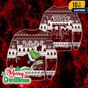 NCAA Texas AM Aggies Grinch Ugly Christmas Sweater Maroon White Knitted Pullover Holiday Party Jumper For Men And Women