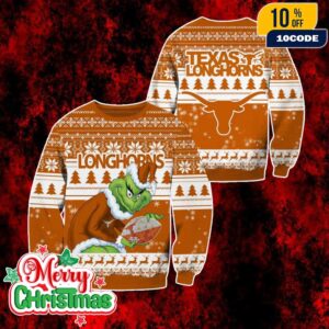 NCAA Texas Longhorns Grinch Ugly Christmas Sweater Burnt Orange White Knitted Pullover Holiday Party Jumper For Men And Women