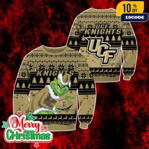 NCAA UCF Knights Grinch Ugly Christmas Sweater Gold Black Knitted Pullover Holiday Party Jumper For Men And Women