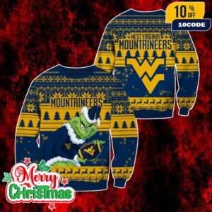 NCAA West Virginia Mountaineers Grinch Ugly Christmas Sweater Blue Gold Knitted Pullover Holiday Party Jumper For Men And Women