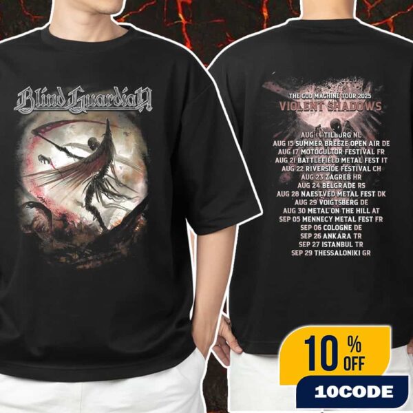 Official Band Blind Guardian Violent Shadows Warrior Design Artwork The God Machine Tour 2025 With Tour Dates Backprint Unisex T-Shirt Merchandise