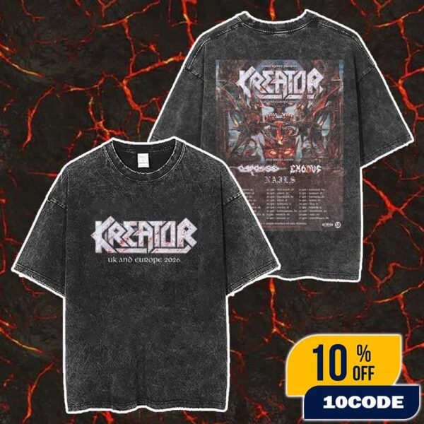 Official Kreator Band Ukano Europe 2026 Cobra Agency Presents New Poster Tour Dates With Carcass x Exodus x Nails Merch Unisex Two Sided Washed T-Shirt