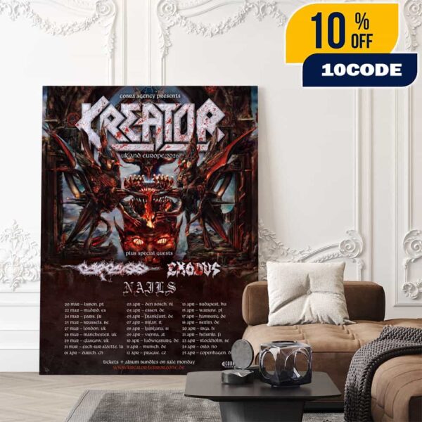 Official Kreator Band Ukano Europe 2026 Cobra Agency Presents New Poster Tour Dates With Carcass x Exodus x Nails Poster Canvas Home Decor