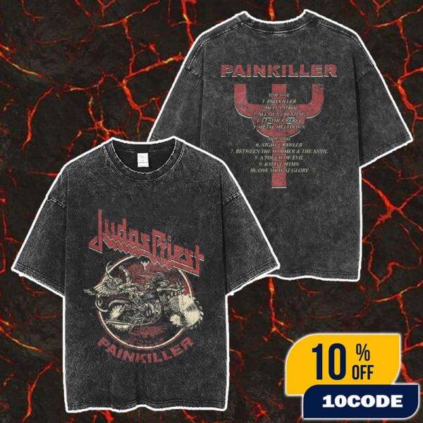 Official Merchandise Judas Priest Painkiller Album T-Shirt 12th Studio Album Tracklist Wash Tee Artwork