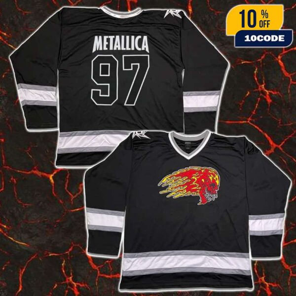 Official Metallica Merchandise Number 97 Flaming Skull Hockey Jersey Shirt