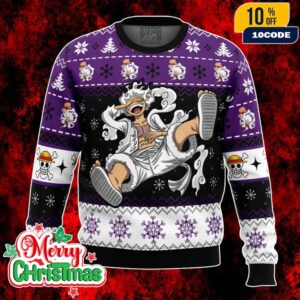 One Piece Luffy Gear 5 Sun God Nika Ugly Christmas Sweater Purple Black Knit Holiday Jumper With Anime Pirate Skull And Snowflake Pattern
