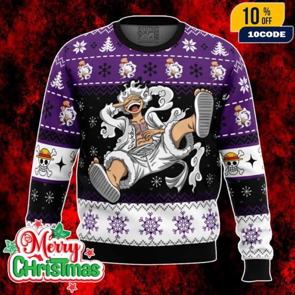 One Piece Luffy Gear 5 Sun God Nika Ugly Christmas Sweater Purple Black Knit Holiday Jumper With Anime Pirate Skull And Snowflake Pattern