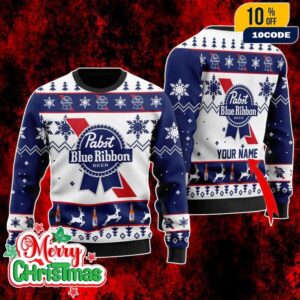 Pabst Blue Ribbon Beer Ugly Christmas Sweater Custom Name Holiday Knit Pullover