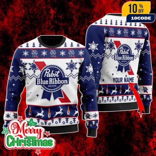 Pabst Blue Ribbon Beer Ugly Christmas Sweater Custom Name Holiday Knit Pullover