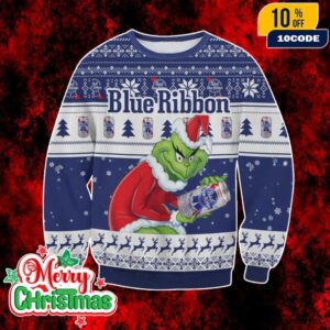 Pabst Blue Ribbon Beer Ugly Christmas Sweater Funny Grinch Holiday Knit Pullover