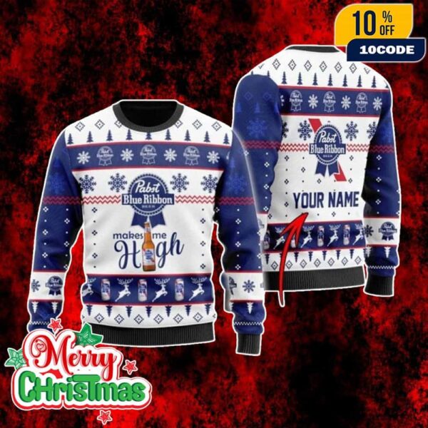 Pabst Blue Ribbon Beer Ugly Christmas Sweater Funny Holiday Knit Pullover Custom Name