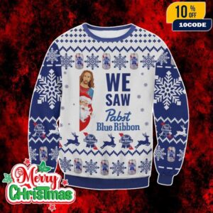 Pabst Blue Ribbon Beer Ugly Christmas Sweater Funny Holiday Knit Pullover With Santa And Jesus Design