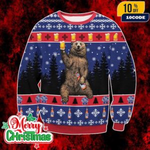 Pabst Blue Ribbon Ugly Christmas Sweater Funny Bear Holding Beer Knit Pullover Holiday Party Jumper For Men And Women