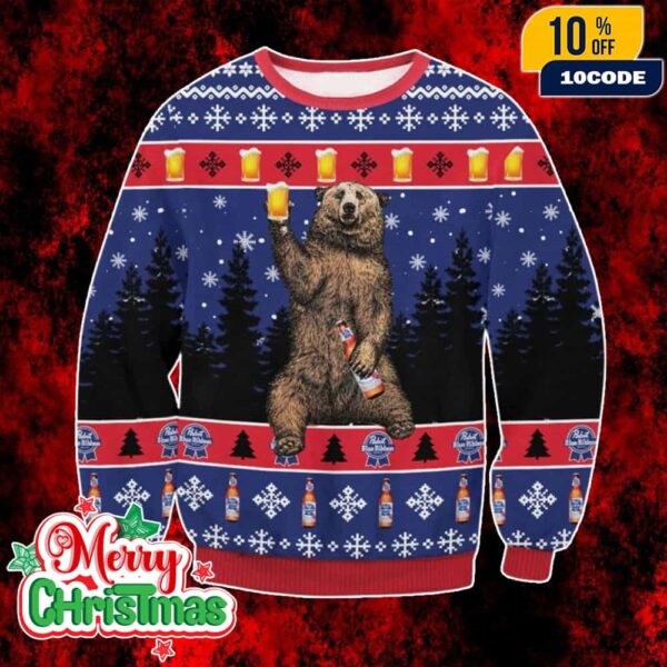 Pabst Blue Ribbon Ugly Christmas Sweater Funny Bear Holding Beer Knit Pullover Holiday Party Jumper For Men And Women