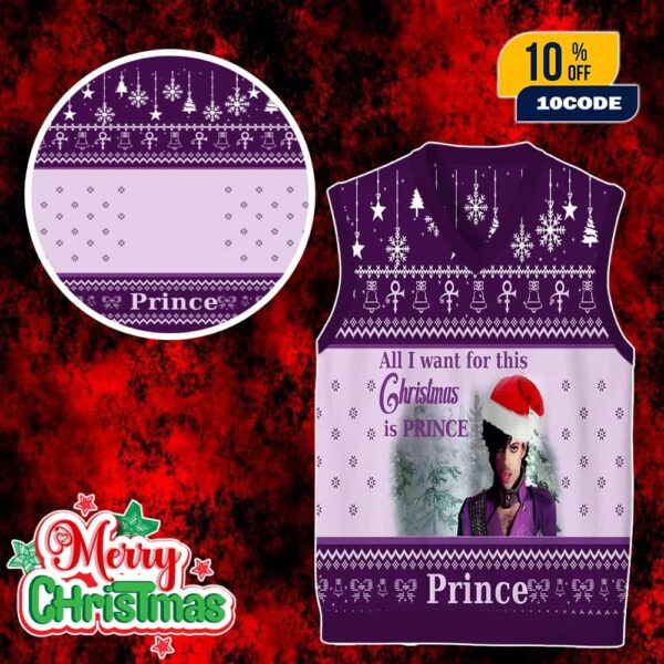 Prince Ugly Christmas Sweater Vest Purple Knit Holiday Gilet All I Want For Christmas Graphic Xmas Gile For Men And Women