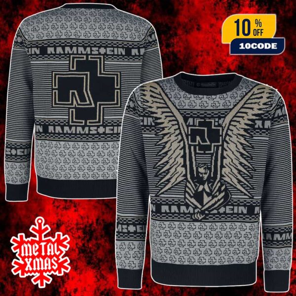 Rammstein Ugly Sweater Christmas Jumper Holiday Sweater Black Gold Knit Band Merch Angel Wings Artwork Snowflake Pattern Unisex