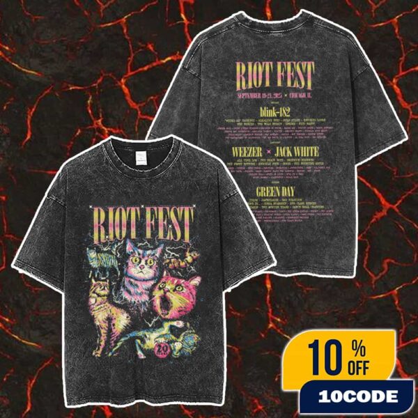 Riot Fest 2025 20th Anniversary September 19-20-21 At Douglass Park Chicago Illinois Animals Punk Rock Mascot With Lineup Backprint Merch Unisex Two Sided Washed T-Shirt