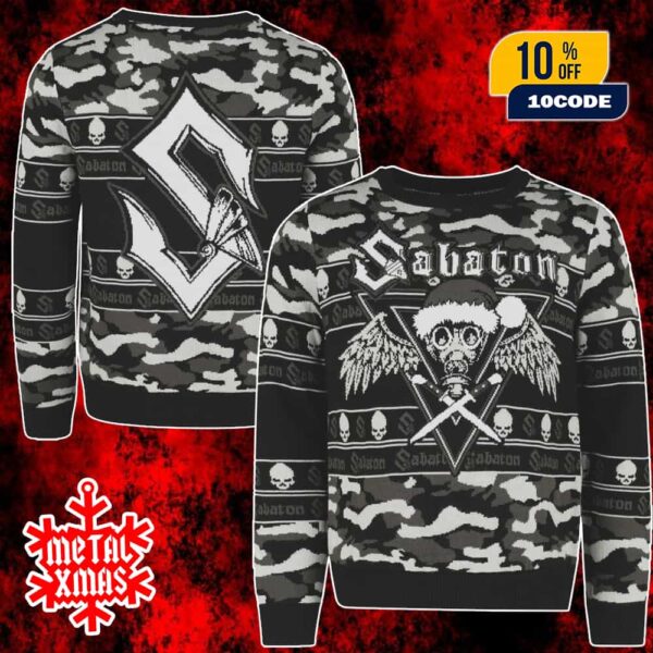 Sabaton Ugly Christmas Sweater Camouflage Knit Jumper Skull Gas Mask Angel Wings Crossed Swords Holiday Festive Pullover