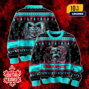 Slipknot Ugly Sweater Christmas Jumper Black And Teal Knit With Skull Artwork And Band Logo