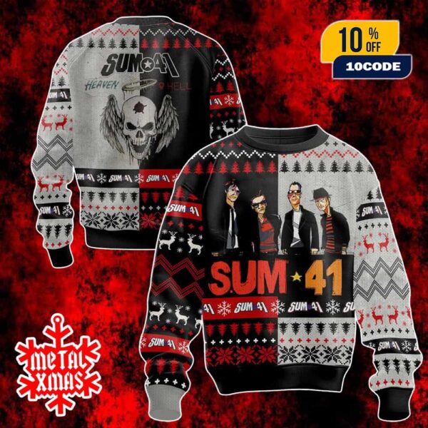 Sum 41 Ugly Christmas Sweater Festive Knit Heaven And Hell Design With Band Graphic And Snowflake Pattern