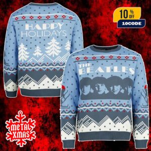 The Beatles Christmas Ugly Sweater Blue Winter Snowflake Holiday Jumper With Band Member Silhouette Design For Music Fans