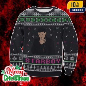 The Weeknd Starboy Ugly Christmas Sweater Black Knit Pullover With XO Lightning Pattern Holiday Party Jumper