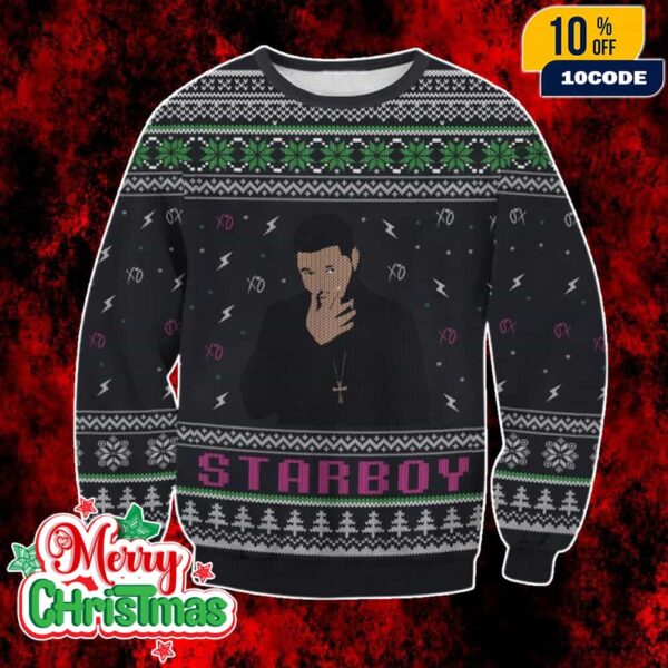 The Weeknd Starboy Ugly Christmas Sweater Black Knit Pullover With XO Lightning Pattern Holiday Party Jumper