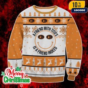 Titos Vodka Ugly Christmas Sweater Orange White Knit Pullover With Bottle Pattern A Friend With Titos Holiday Party Jumper