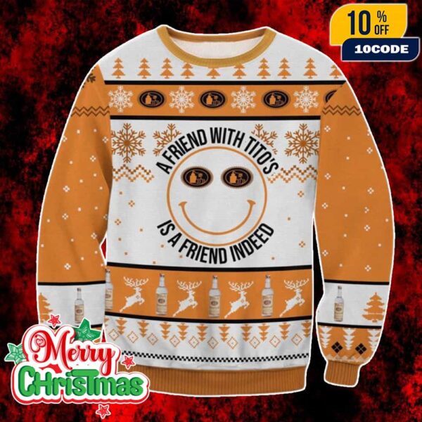 Titos Vodka Ugly Christmas Sweater Orange White Knit Pullover With Bottle Pattern A Friend With Titos Holiday Party Jumper