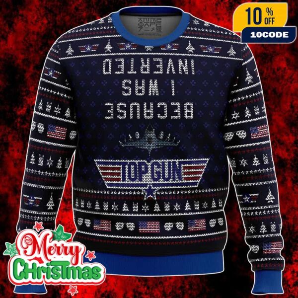 Top Gun Ugly Christmas Sweater Navy Blue Knit Holiday Jumper With Fighter Jet Logo American Flag And Festive Pattern