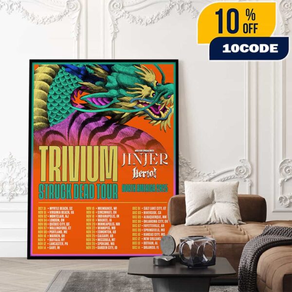 Trivium Struck Dead Tour 2025 With Jinjer x Heriot North America Poster Tour Dates Poster Canvas Home Decor