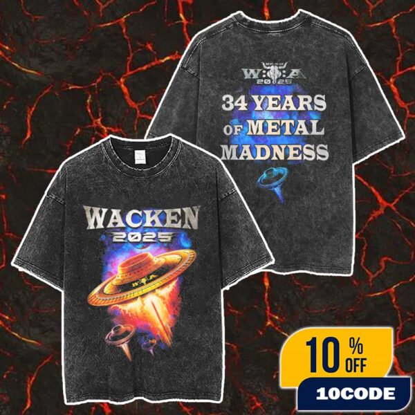 Wacken Open Air 2025 Saucer Tee 34 Years Of Metal Madness Merch Unisex Two Sided Washed T-Shirt