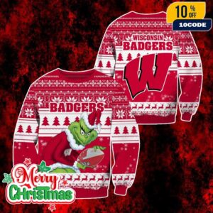 Wisconsin Badgers Grinch Ugly Christmas Sweater Red White Knitted Pullover Holiday Party Jumper For Men And Women