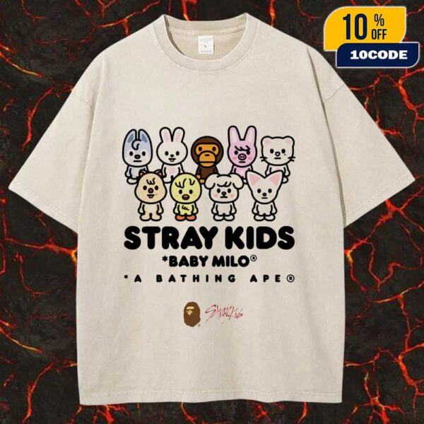 A Bathing Ape x Stray Kids BAPE Iconic Logo With Baby Milo x SKZOO 2025 Collection Unisex Washed Tee