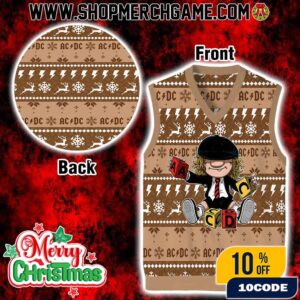AC/DC Ugly Christmas Sweater Vest Angus Young Cartoon Design Holiday Knitted Sleeveless Gile Lightning Bolt Pattern Winter Apparel Gift For Rock Music Fans Merry Christmas