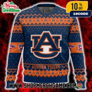 Auburn Tigers Ugly Christmas Sweater NCAA SEC Interlocking AU Logo Navy Blue Burnt Orange Fair Isle Knit Pattern Holiday Winter Gift Auburn University