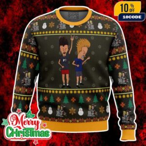 Beavis And Butthead Rock On Ugly Christmas Sweater Funny Cartoon Holiday Knit Pullover Jumper