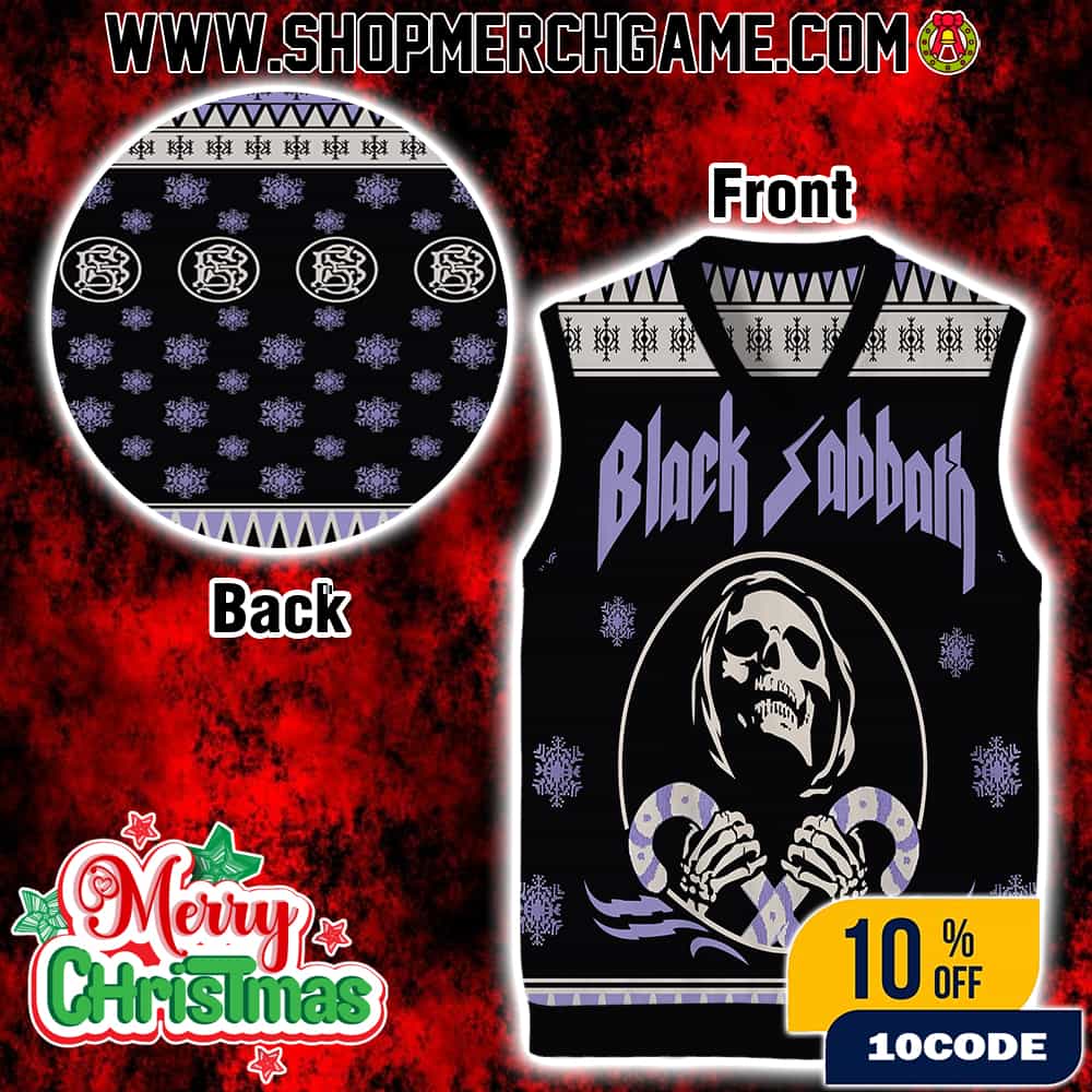 Black Sabbath Gile Ugly Christmas Sweater Vest With Skull Reaper Design Snowflake Pattern Holiday Knit For Men Wome Black Sabbath Gile Ugly Christmas Sweater Vest With Skull Reaper Design Snowflake Pattern Holiday Knit For Men Wome