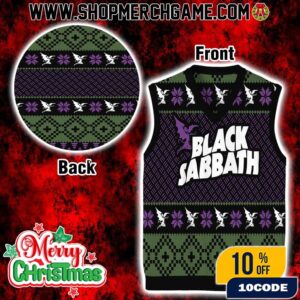 Black Sabbath Ugly Sweater Gile Vest Sleeveless Christmas Knit Fair Isle Pattern Purple Green Angel Of Death Holiday Party Wear Gift For Heavy Metal Fans Xmas Black Sabbath Ugly Sweater Gile Vest Sleeveless Christmas Knit Fair Isle Pattern Purple Green Angel Of Death Holiday Party Wear Gift For Heavy Metal Fans Xmas