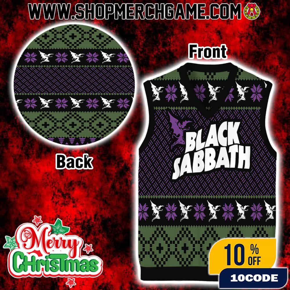 Black Sabbath Ugly Sweater Gile Vest Sleeveless Christmas Knit Fair Isle Pattern Purple Green Angel Of Death Holiday Party Wear Gift For Heavy Metal Fans Xmas Black Sabbath Ugly Sweater Gile Vest Sleeveless Christmas Knit Fair Isle Pattern Purple Green Angel Of Death Holiday Party Wear Gift For Heavy Metal Fans Xmas