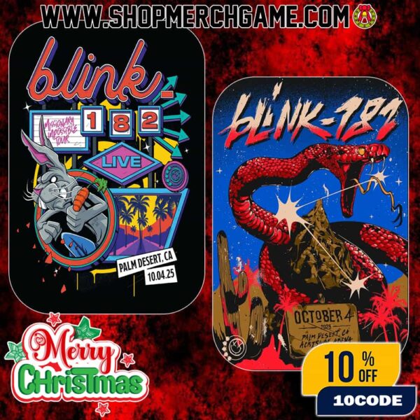 Blink-182 Missionary Impossible Tour 2025 California Event Tee And Poster On October 4 2025 At Acrisure Arena Thousand Palms Artwork By Cristian Alarcon D x Alex Tillbrook Fan Card Two Sides